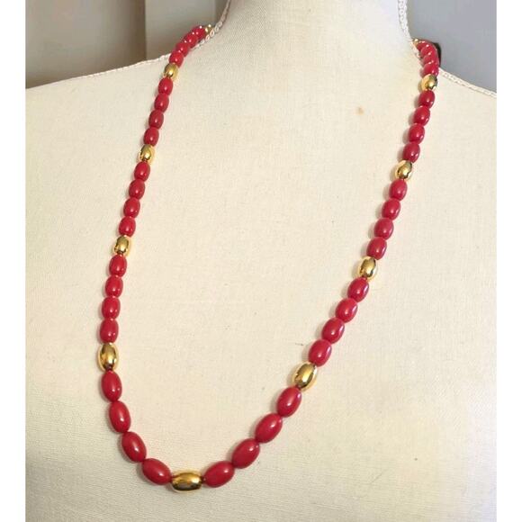 Vintage Napier Necklace Bright Red Gold Tone Oval Shaped Beads 28" L SKU 2258 - Picture 2 of 12